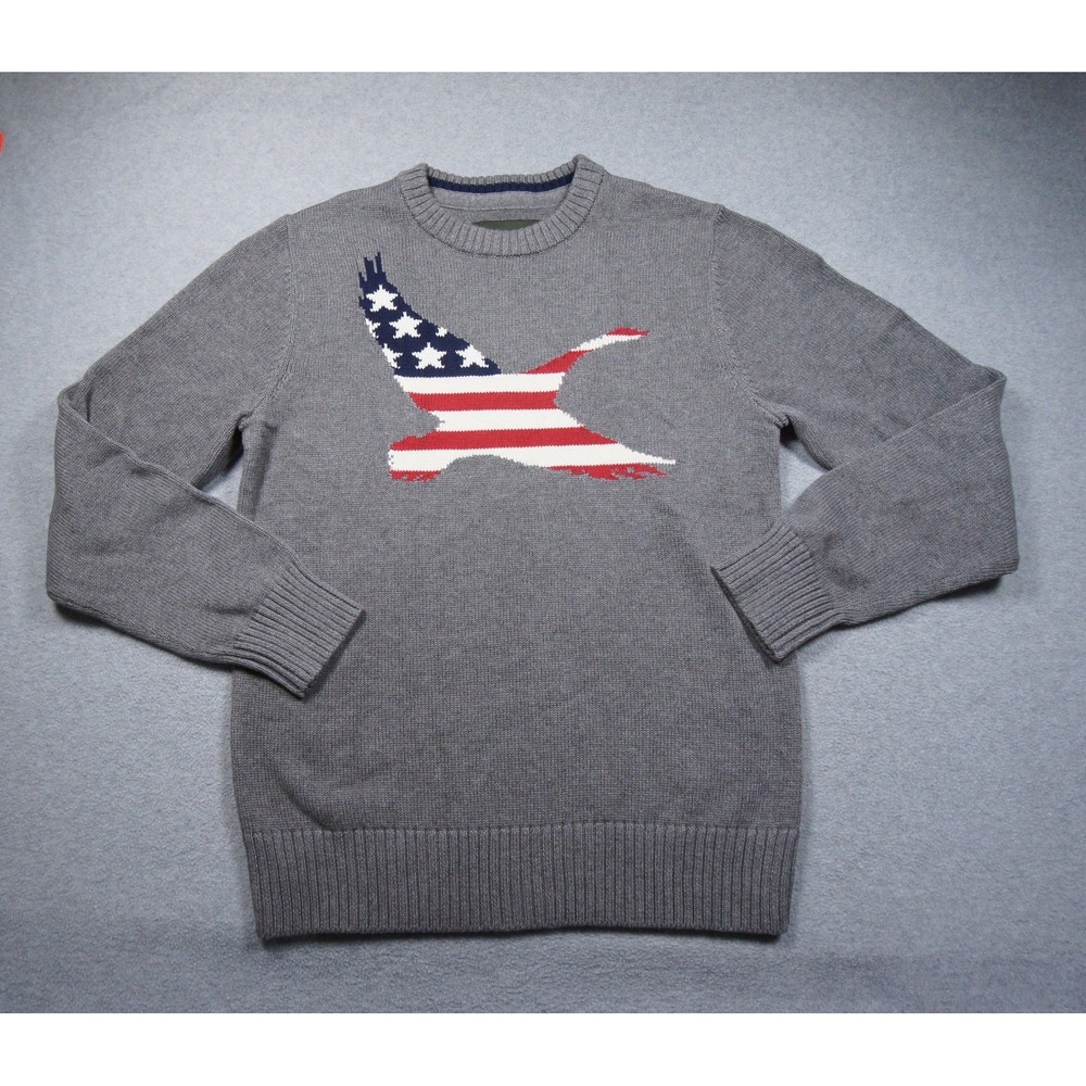 Eddie Bauer Sweater Mens Small Gray Knit Crewneck USA Flag Pullover Cotton
